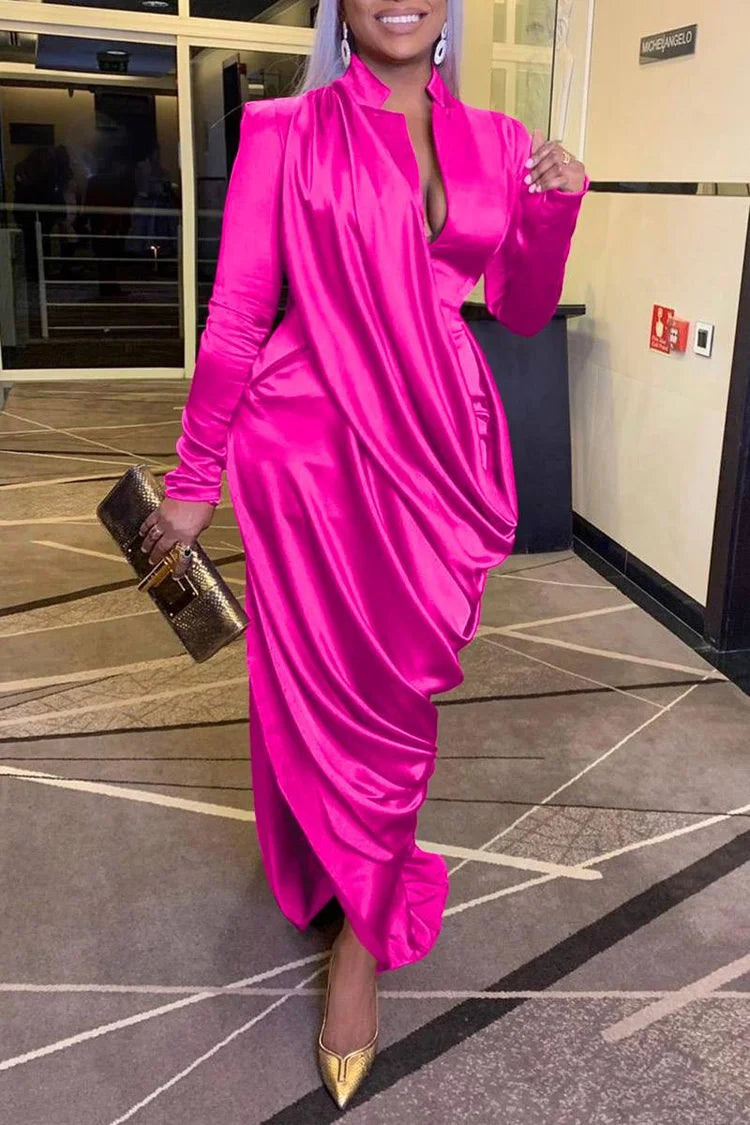 Plus Size Hot Pink Satin Stand Collar Party Maxi Dress