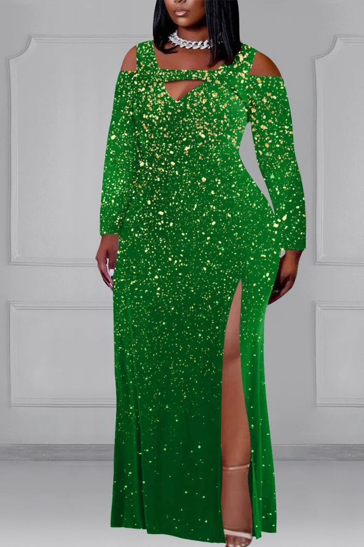 Xpluswear Plus Size Green Formal Hollow Out Shiny High Split Long Sleeve Maxi Dresses
