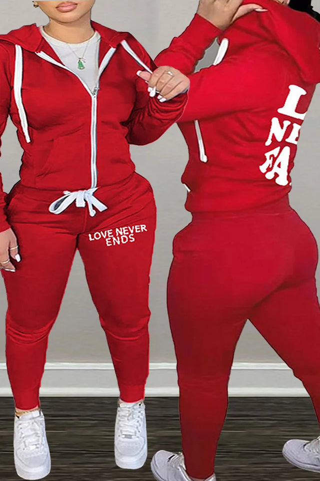 Plus Size Casual Red Graphic Print Long Sleeve Hoodie Two Pieces Pants Set Image