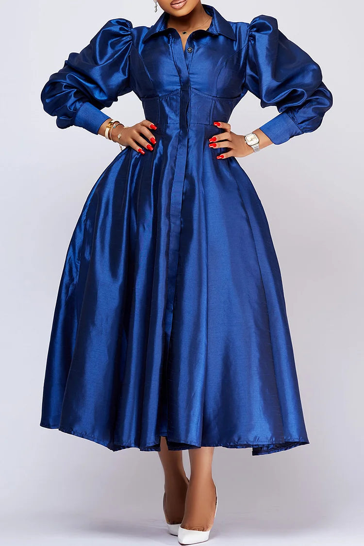 Plus Size Royal Blue Daily Satin Puff Sleeve Flare Midi Dress