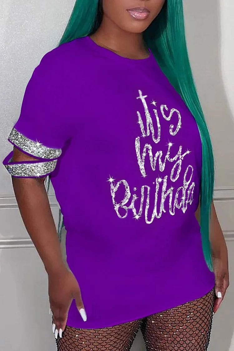 Plus Size Purple Daily Letter Print Sequin Sleeves T-Shirts