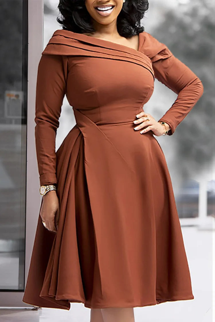 Plus Size Brown Work A-Line Long Sleeve Midi Dress
