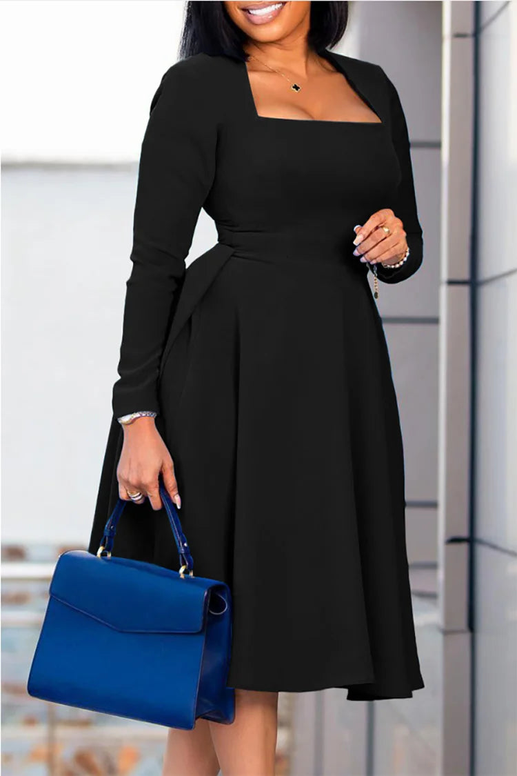 Xpluswear Plus Size Black Daily Square Neck Long Sleeve A-Line Midi Dress