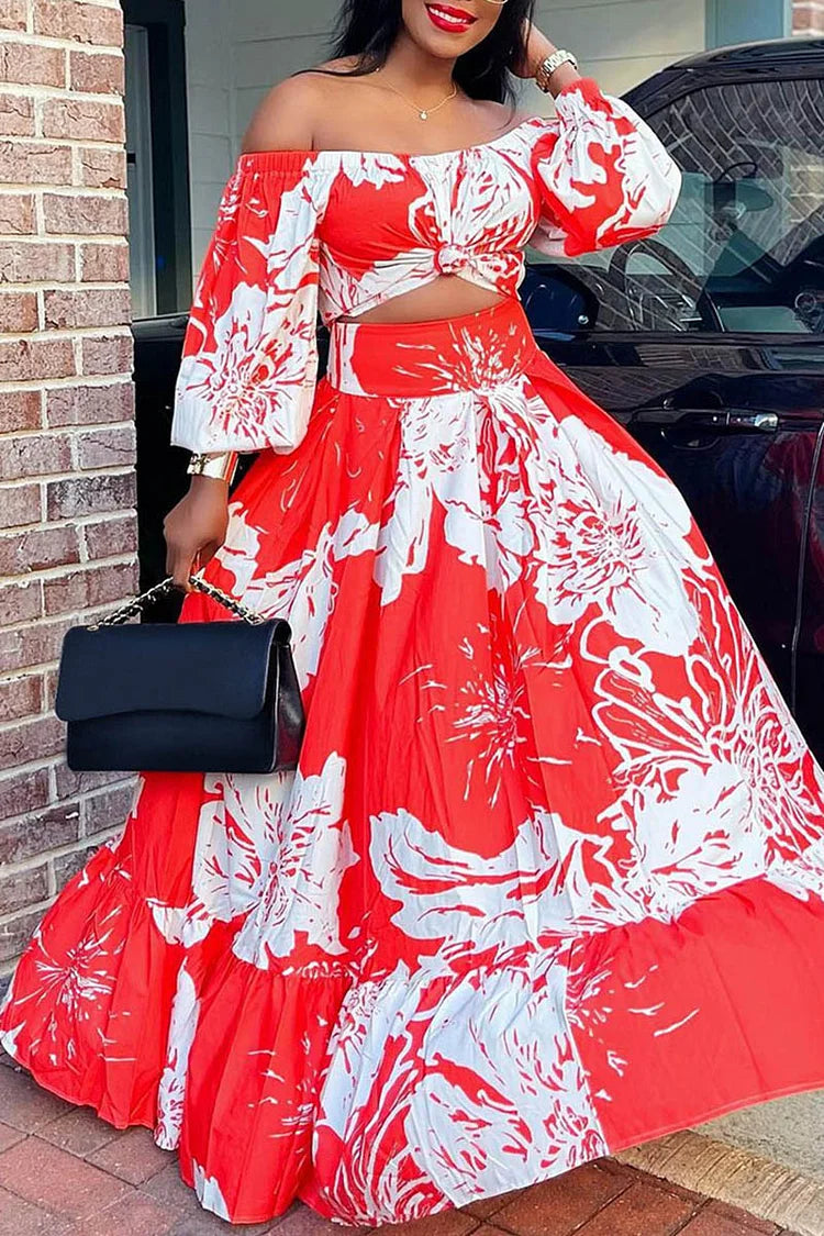 Plus Size Red Vacation Floral Print Off The Shoulder Two Pieces Skirt Sets