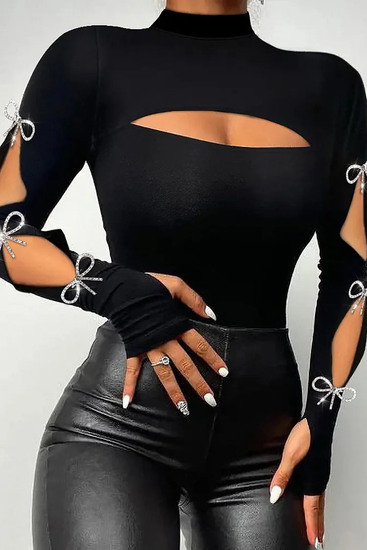 Xpluswear Plus Size Black Casual Hollow Out Shiny Bow Long Sleeve Blouses