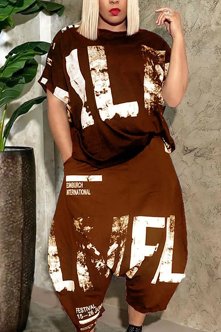 Plus Size Brown Casual Letter Print Loose Top Harem Pants Two Pieces Pants Sets