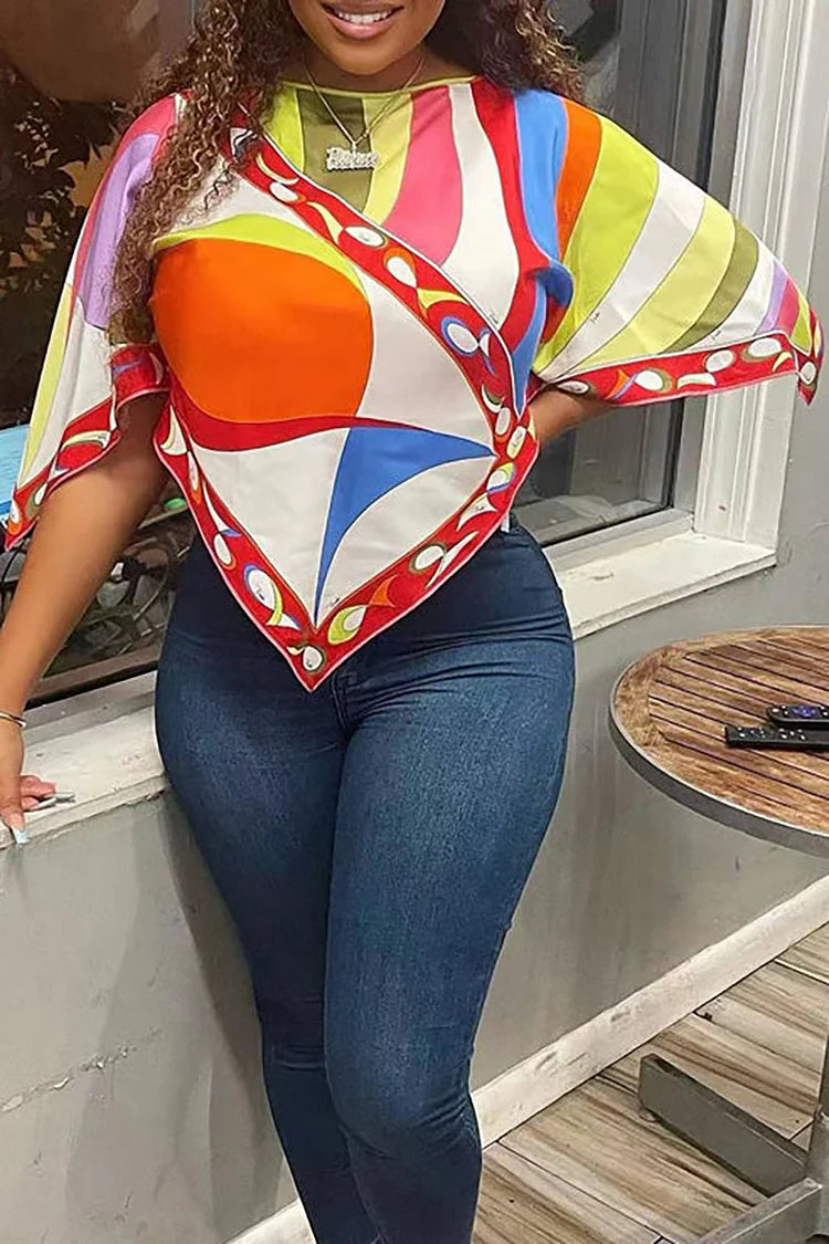 Plus Size Multicolor Daily Mid-sleeves Pattern Print Blouses