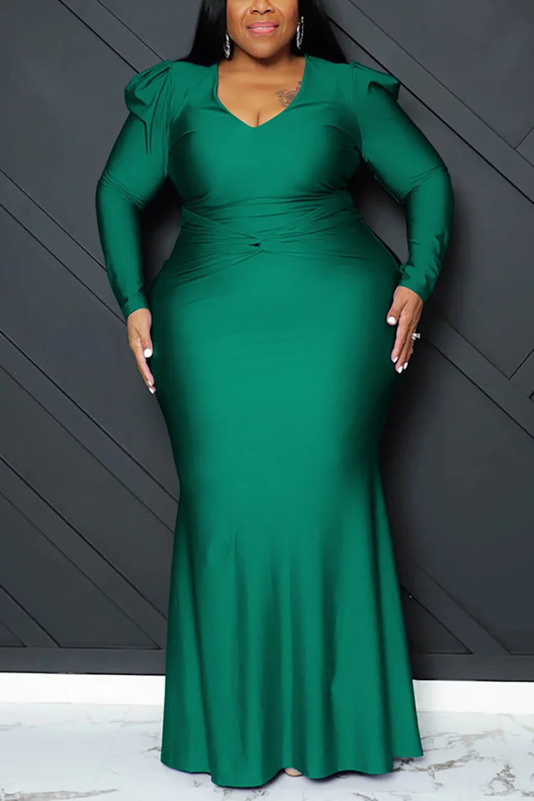 Plus Size Green Formal V Neck Long Sleeve Solid Color Maxi Dress