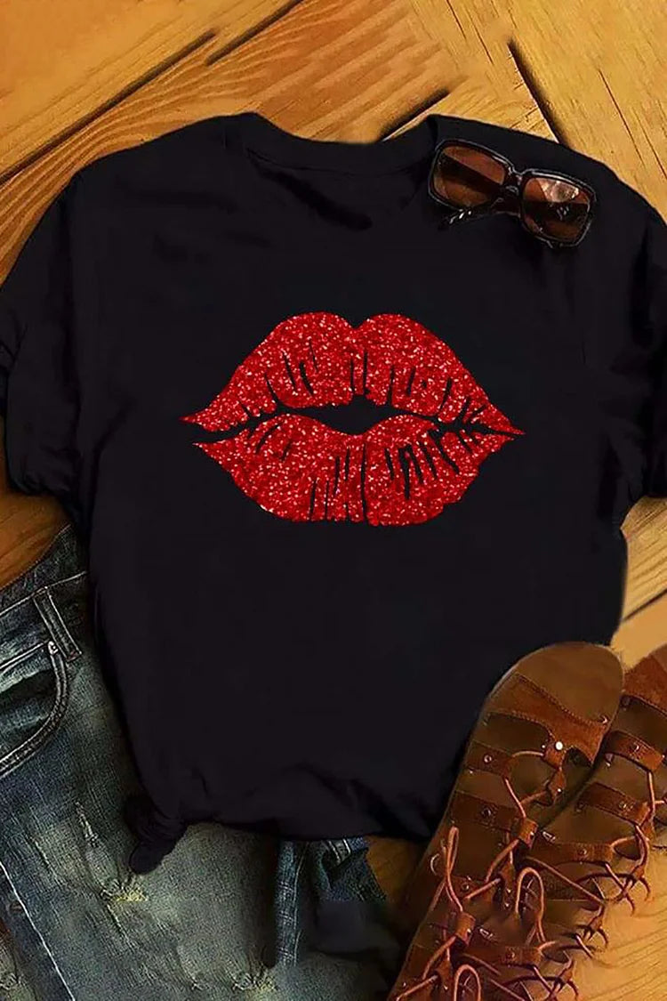 Plus Size Black Casual Lips Print Basic T-Shirts