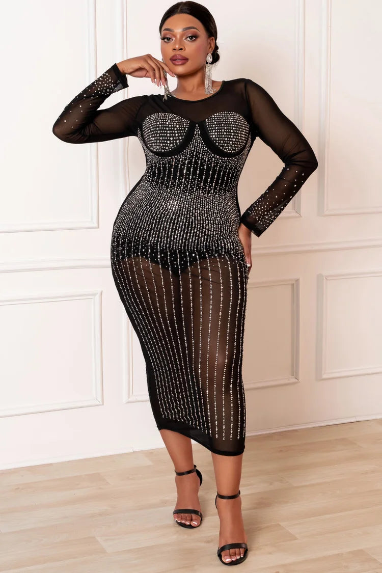 Plus Size Black Party See-Through Hot Drilling Long Sleeve Midi Dresses