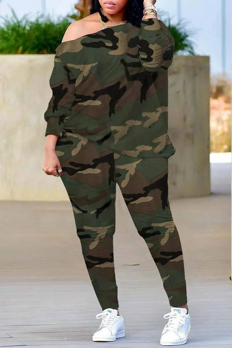 Plus Size Daily One Shoulder Camo Print Two Pieces Pants Set