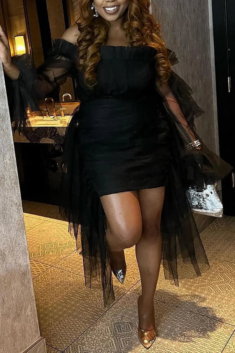 Plus Size Black Party Off The Shoulder Irregular Tulle Mini Dress Plus Size Black Party Off The Shoulder Irregular Tulle Mini Dress