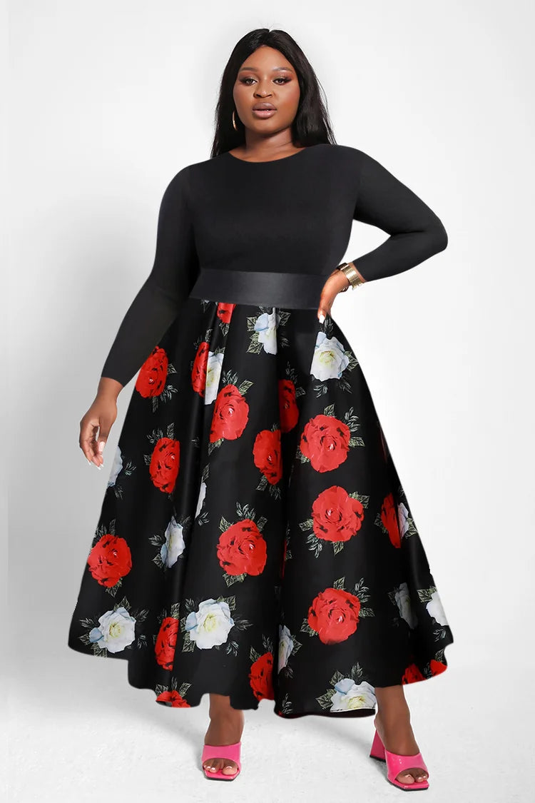 Plus Size Black Elegant Floral Print Round Neck Long Sleeve Midi Dresses