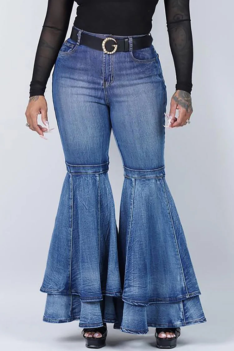 Plus Size Blue Denim With Pockets Ruffle Wide Leg Bell Bottom Jeans