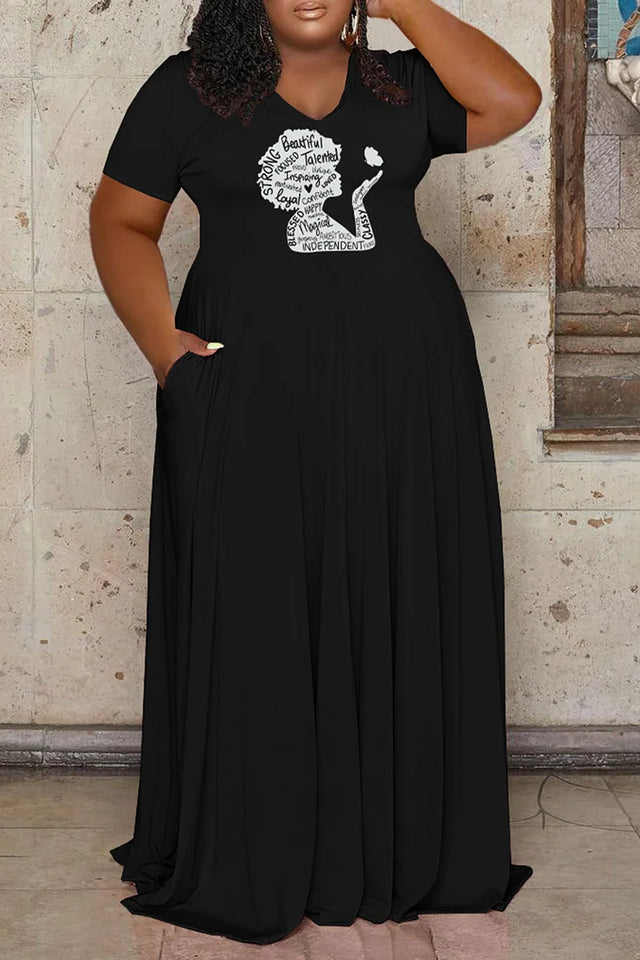 Plus Size Black Daily Letter Print Pleated Maxi Dress Image