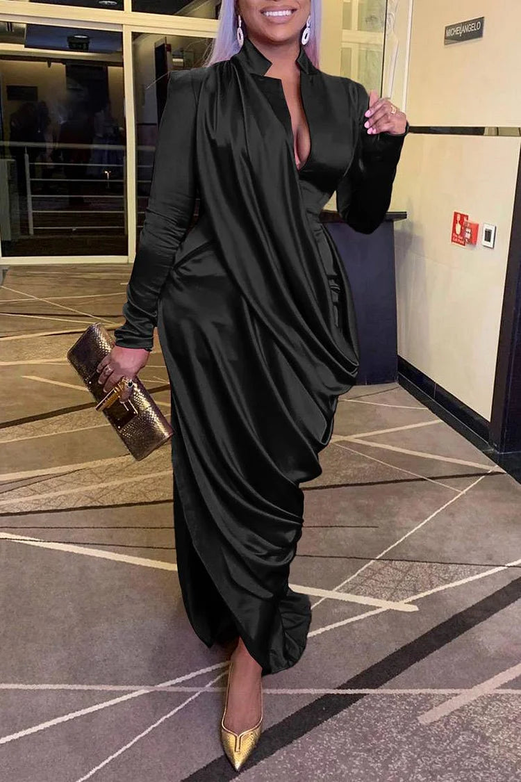 Plus Size Black Satin Stand Collar Party Maxi Dress Plus Size Black Satin Stand Collar Party Maxi Dress