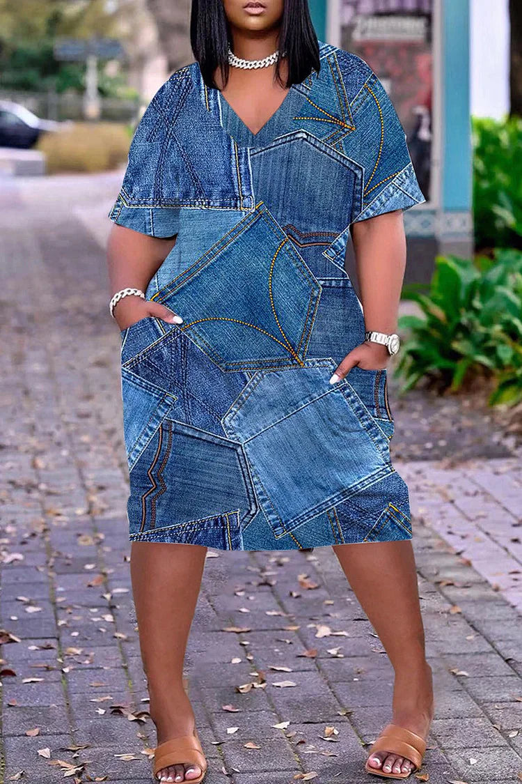 Plus Size Casual V Neck Short Sleeve Print Loose Midi Dress Plus Size Casual V Neck Short Sleeve Print Loose Midi Dress