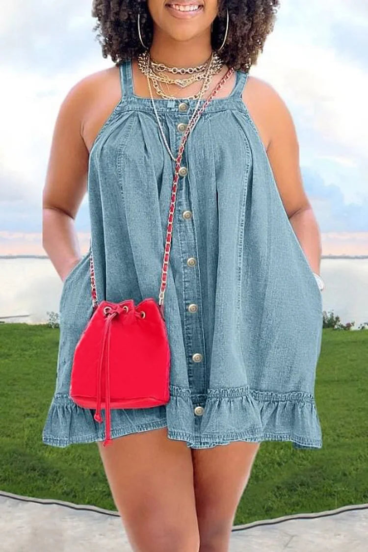 Plus Size Blue Denim Casual Strappy With Pocket Ruffle Mini Dress