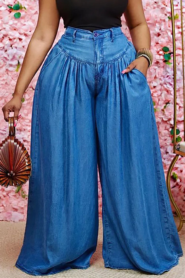 Plus Size Blue Daily With Pocket Wide Leg Denim Pants