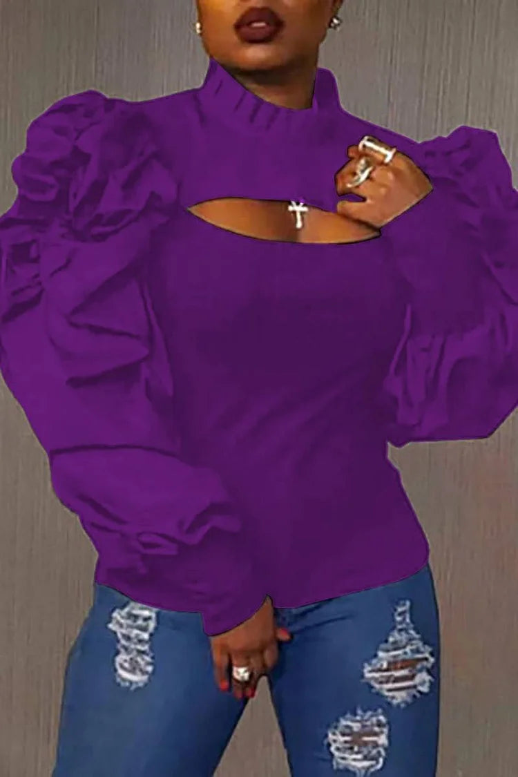 Plus Size Purple Daily Cut Out Puff Sleeve Blouses
