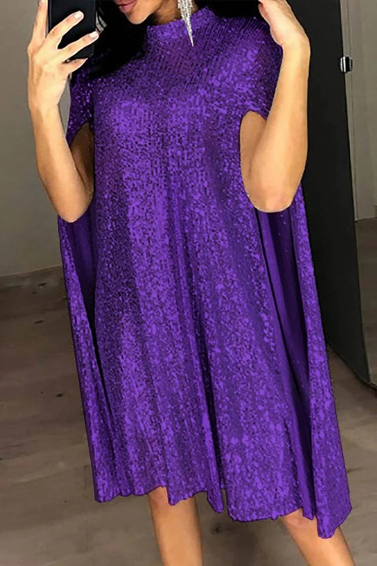 Plus Size Purple Party Spark Sequin Stand Collar Cape Sleeve Midi Dress