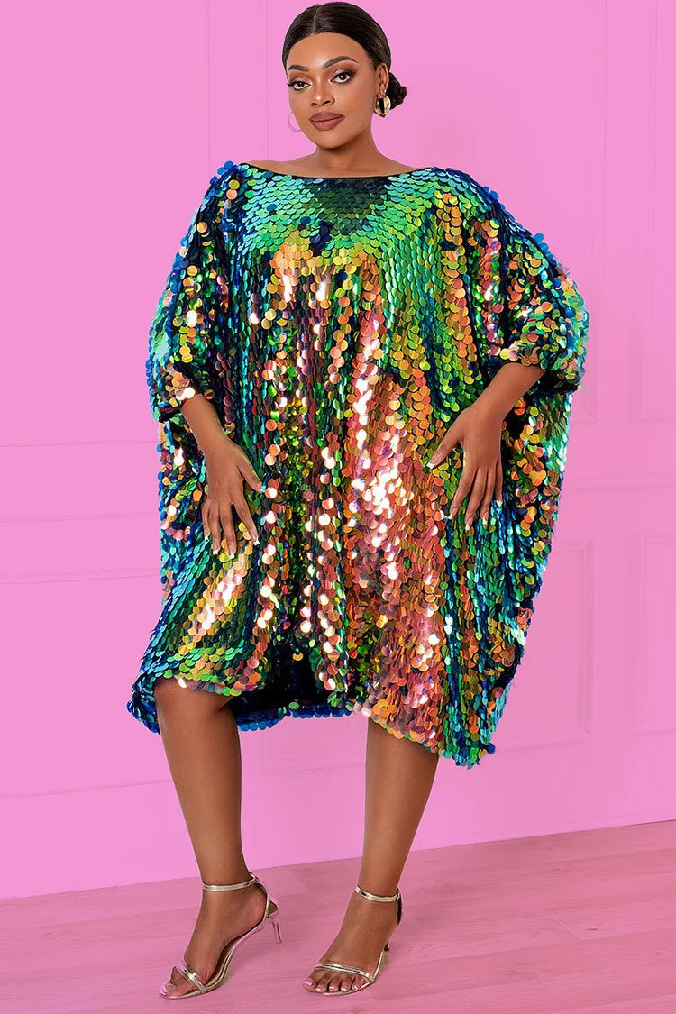 Design Plus Size Party Emerald Green Sparkly Iridescent Round Sequin Glitter Batwing Sleeves Loose Mini Dress(Ships 3/25) Design Plus Size Party Emerald Green Sparkly Iridescent Round Sequin Glitter Batwing Sleeves Loose Mini Dress(Ships 3/25)