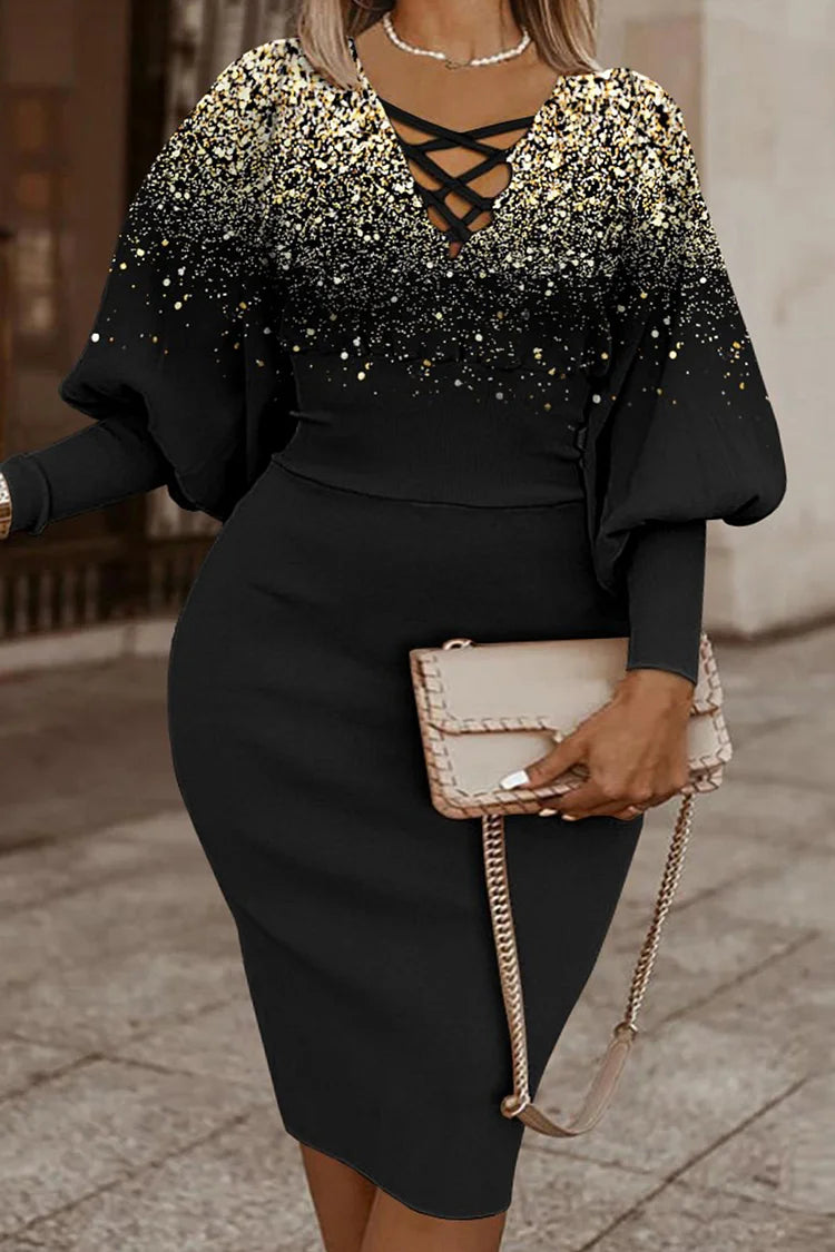 Plus Size Criss Cross Bandage Lantern Sleeve Bodycon Midi Dress