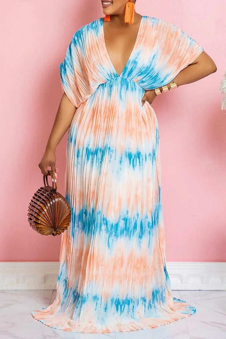 Plus Size Vacation Blue Salmon Pleated Print V-neck Maxi Dress