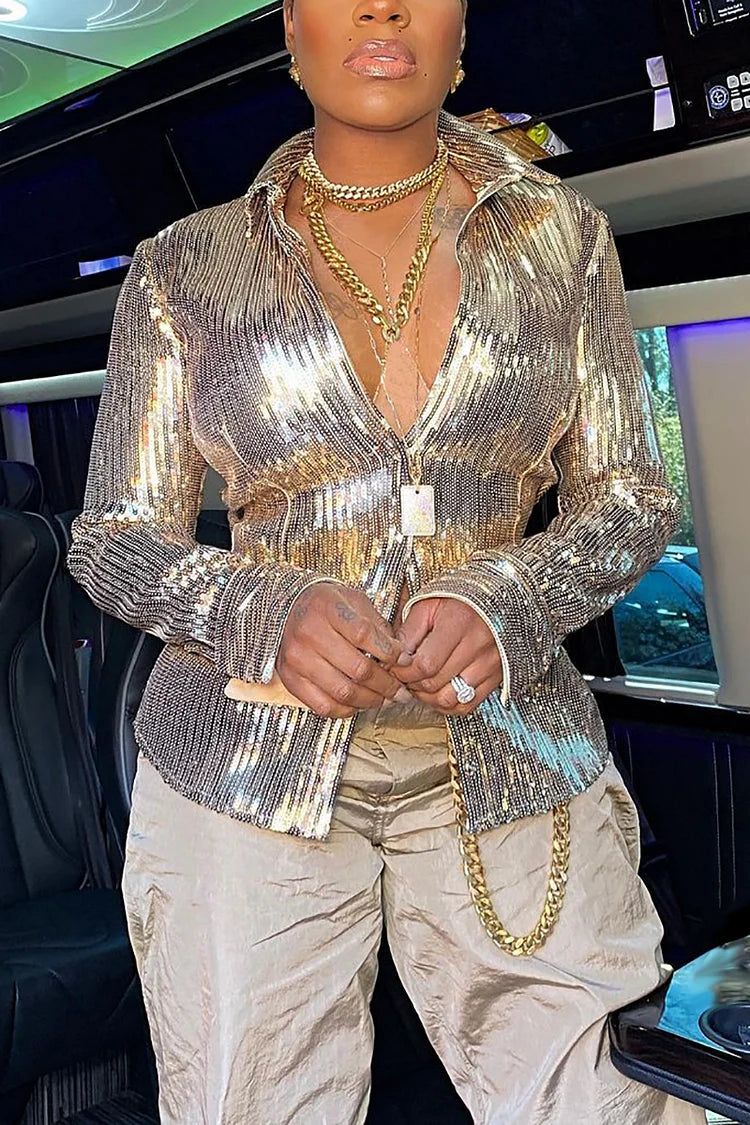 Plus Size Gold Party Sequin Shirt Collar Long Sleeve Blouses