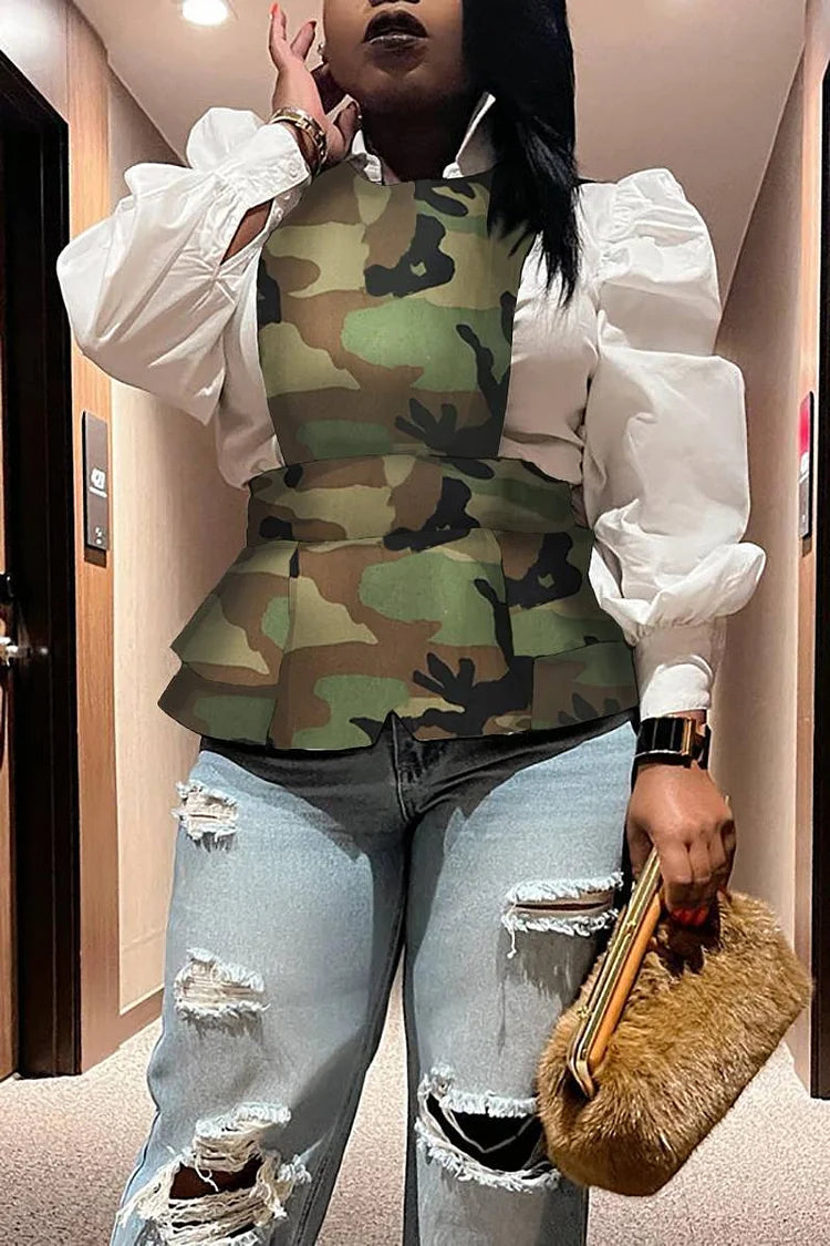 Plus Size Daily Camo Patchwork Puff Sleeve Blouses